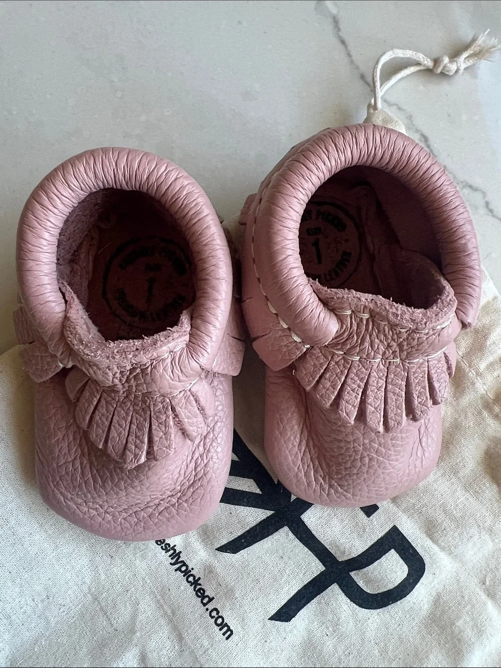 Freshly Picked Blush Pink Leather Zion Fringe Baby Moccasins
